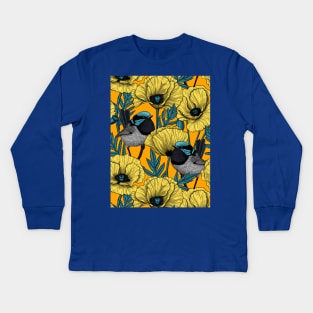 Fairy wren and poppies in yellow Kids Long Sleeve T-Shirt